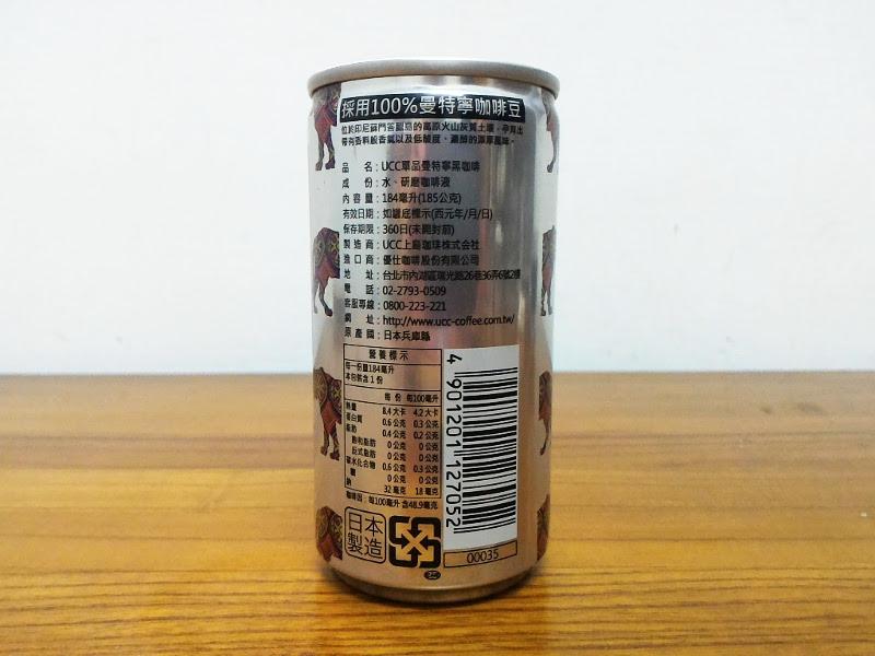 UCC BLACK 單品曼特寧黑咖啡罐裝 185g 商品標示